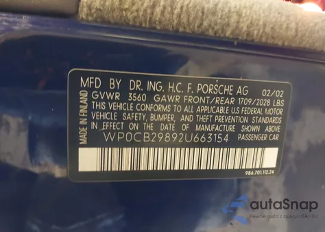 2002 Porsche Boxster S z USA, uszkodzony, nr VIN WP0CB29892U663154